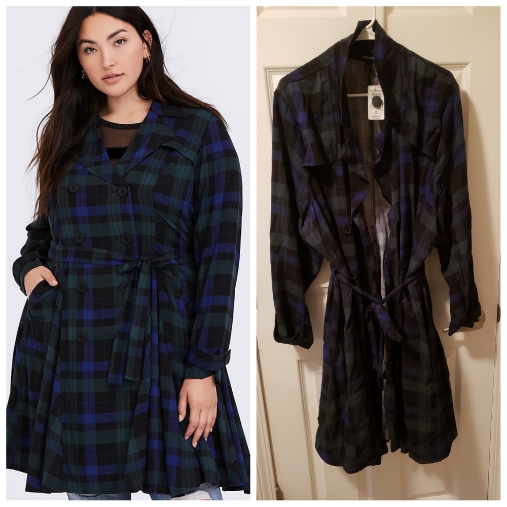 Torrid blue & green plaid trenchcoat NWT